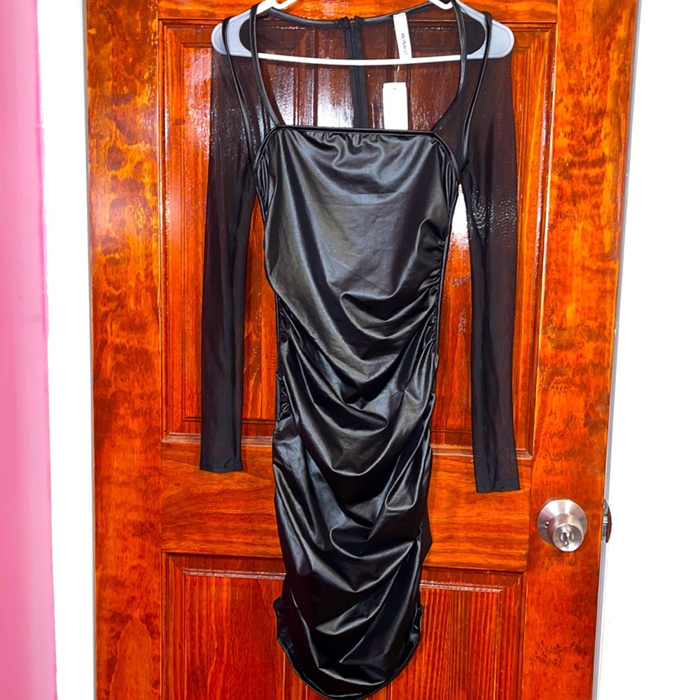 MONACO Black faux leather and mesh dress (NEVER WORN)